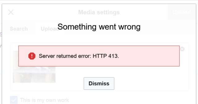 An error message when I tried to upload an image to a cats.wiki page.