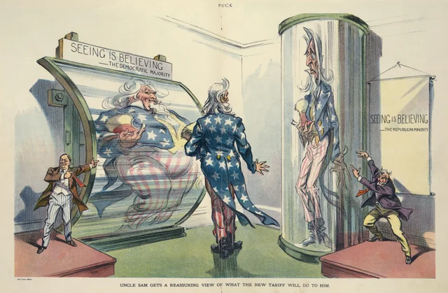 An old political cartoon showing a white haired uncle sam character in blue stars jacked and red stripe pants looking away from the viewer at two different fun house mirrors, both labeled "Seeing is believing" Both have men in suits trying to show how good their option is.

One is  a horizontally bent out mirror  for the democratic majority showing a plump well off uncle sam.

The other is a vertically bent out mirror for the republican majority showing a gaunt hungry looking uncle sam.

The text is Uncle Sam gets a reassuring view of what the new tariff will do to him.