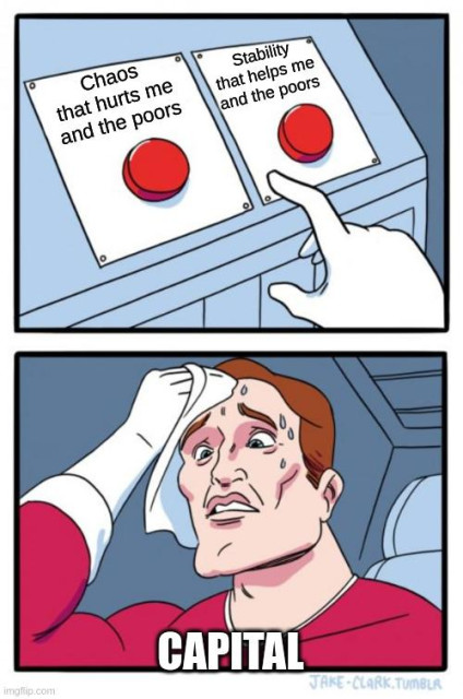 Two-button "daily struggle" meme: left button is "Chaos that hurts me and the poors;" right button is "Stability that helps me and the poors;" protagonist struggling to decide is "CAPITAL"