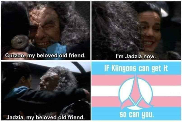 [Klingon hugging Jadzia from DS9]

Klingon: "Curzon, my beloved old friend."
Jadzia: "I'm Jadzia now."
Klingon: "Jadzia, my beloved old friend."

[caption over trans flag with Klingon insignia]: 
"If Klingons can get it so can you."