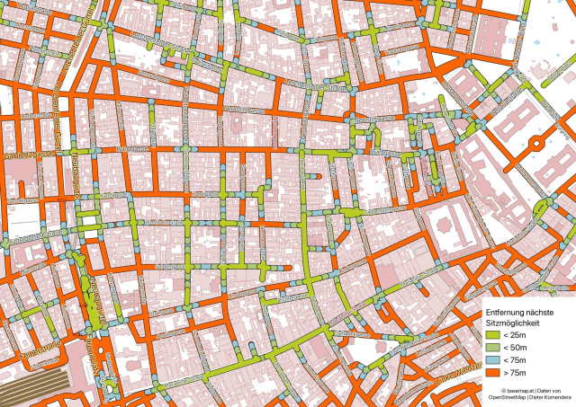 Karte vom 7. Bezirk in Wien, mit den Straßen grün, blau oder organe eingefärbt, je nachdem wie weit es zur nächsten Sitzmöglichkeit im Öffentlichen Raum ist