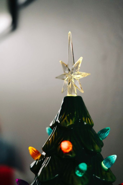 A shining star on top of a tiny Christmas tree.