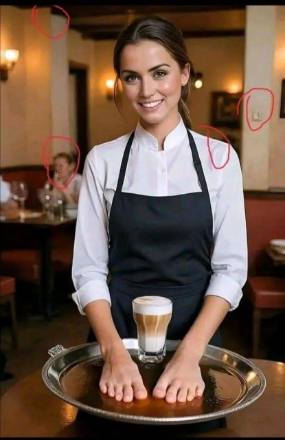 Das Bild zeigt eine junge Kellnerin in einem eleganten weißen Hemd und einer schwarzen Schürze. Sie trägt ein Lächeln und hält ein Tablett mit einem Latte Macchiato darauf. Die Hände sind aber Füße und ruhen auf dem Tablett, unter dem Glas mit dem Kaffee. Im Hintergrund sieht man einen Teil eines Restaurants mit anderen Gästen an Tischen.
Mehrere Stellen im Hintergrund sind mit roten Kreisen markiert.