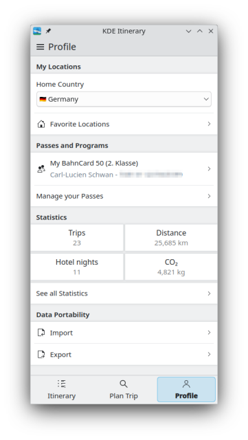 The new profile page, with a section about home location, passes and programes, statistics and data portability