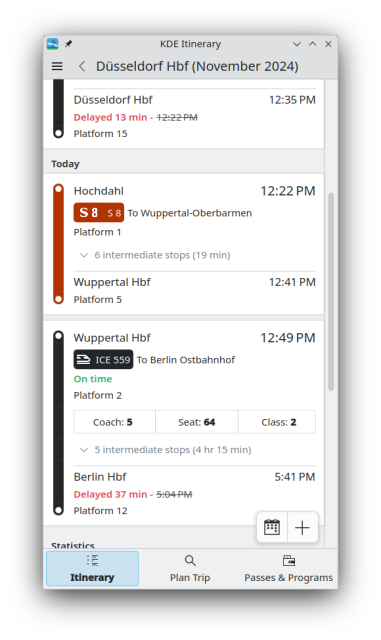 Timeline of events with multiple trains and information about when the train departed, delay and platform