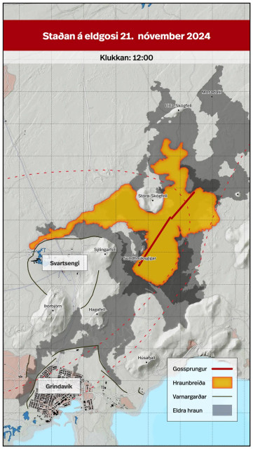 A map showing in yellow where the new lava is flowing in both northwest and southeast, old flows are in shades of gray. In the middle a red line shows the crack which is goes from Sundhnúksgígar and passes Stóra-Skógfell on the east side.