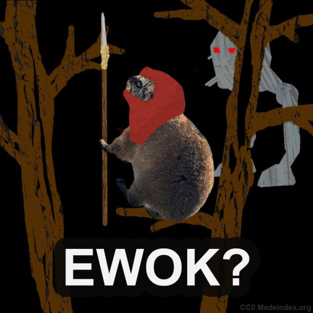 A collage of an extremely cute baby animal with a red Ewok-bandana and a spear is sitting on a tree branch; a Star Wars imperial walker with red eyes is approaching from afar. In the bottom-right of the image is text: "CC0 Madeindex.org"