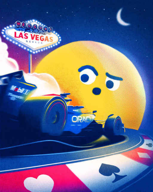 Welcome to Las Vegas sigh. The Sphere with an emoji on it. Red Bull Racing RB20 racing towards The Sphere.