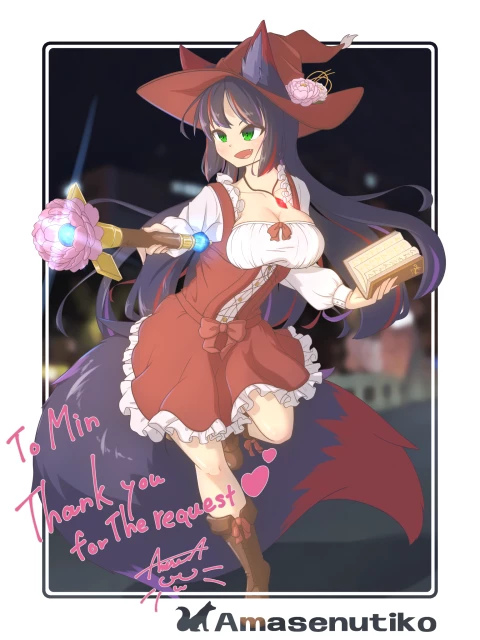 A digital illustration of my foxgirl OC, Yomiko, who has black fur with red and p urple highlights.  She's wearing a frilly red dress and a wide-brimmed witch's hat, and she's posing with a book in one hand and a magic wand in the other.