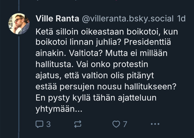 Ville Rannan kommentti, jossa ei ymmärrä miksi Hai ei mene linnan juhliin.