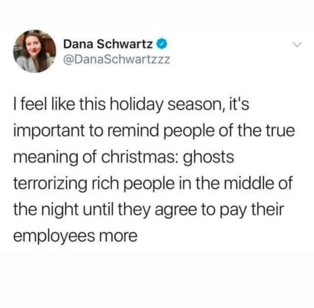 Screenshot of a social media post by Dana Schwartz (@DanaSchwartzzz)
Text reads:
“I feel like this holiday season, it's important to remind people of the true meaning of christmas: ghosts terrorizing rich people in the middle of the night until they agree to pay their employees more”