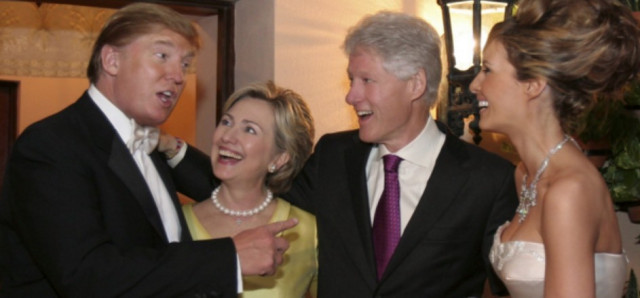 Photo of Donald and Melania Trump at their wedding embraced by Hillary and Bill Clinton, laughing at something Donald is saying.