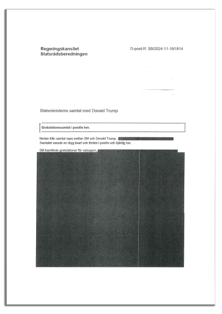 A transcription of a call between Swedish Primeminister Ulf Kristersson and Donald Trump (also known as Fascist in Command) congratulating him on him being elected president. Most of the call has been redacted for security reasons.
The rest of the contents:

Regeringskansliet
Statsrådsberedningen
D-post-R: SB/2024-11-18/1814

Statsministerns samtal med Donald Trump
[Gratulationssamtal i positiv ton.]
Nedan från samtal nyss mellan SM och Donald Trump. REDACTED
Samtalet varade en dryg kvart och fördes i positiv och hjärtlig ton.

SM framförde gratulationer för valsegern. REDACTED