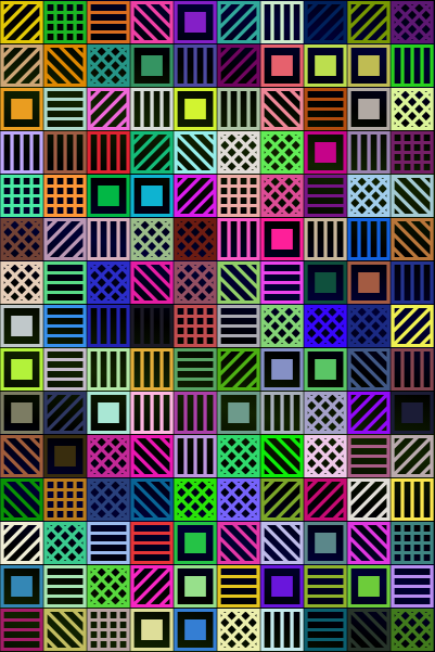 a rectangle of multicolored squares with various fill patterns on a black background