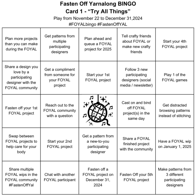 A 5x5 Bingo card called Try all things with 24 prompts to reach and mark off and an image in the middle. The image is a ball of yarn with a hook and needle through it and music notes and sparkles around it. 
Unfortunately all prompts don't fit within the maximum amount of characters the alt text provides. Please reach out if you want to know the prompts, we'll happily provide them