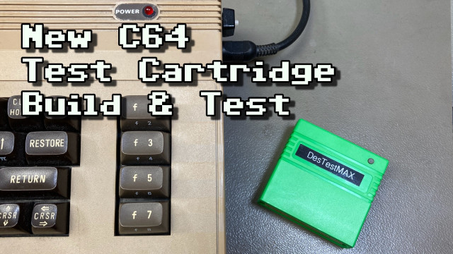 Thumbnail for my video. Showing the right side of a Commodore 64 bread bin with a bright green short cartridge next to it. The label on the cartridge reads "DesTestMAX". The overlayed text reads "New C64 Test Cartridge Build & Test".