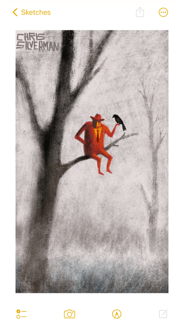 A dull, boggy area in the woods on a gray day. Here, the world is more muted and the only trees are dead hulks. Sitting on a dead branch of one of the trees is a large red figure wearing a red suit and a red fedora. Perched on the figure's left hand is a raven. In the background is the blurry suggestion of a treeline and another tree.