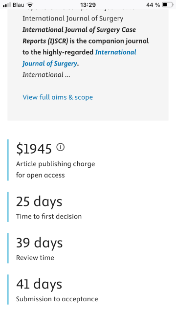 Screenshot from journal: International Journal of Surgery International Journal of Surgery Case Reports (IJSCR) is the companion journal to the highly-regarded International Journal of Surgery. International ...  $1945 Article publishing charge for open access 

25 days Time to first decision 

39 days Review time 

41 days Submission to acceptance