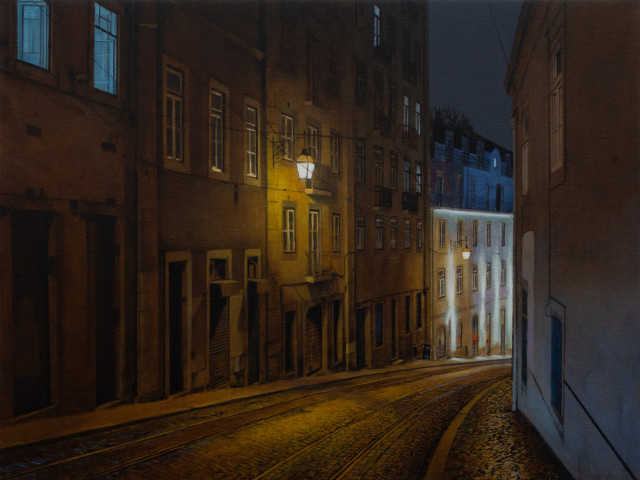 work in progress oil painting of a street in Lisbon at night