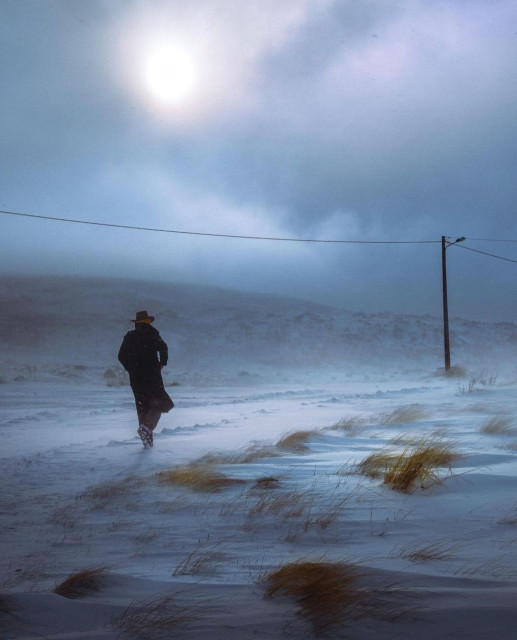 Photography. A color photo of a man walking through foggy, snow-covered grassland. The photo looks like an oil painting. A man in a long black coat and hat can be seen from behind, walking through a slightly snow-covered landscape. Individual orange tufts of grass peek out of the snow. A long power line shows the way through the icy landscape. A gentle hill appears in the background and the horizon is shrouded in mist. Soft light shines through the dense clouds and you can almost feel the windy, cold autumn day. 
Photo info: NikonD850 24.0-120.0 mm f/4.0