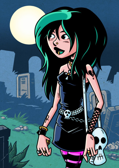 Young woman with long dark green hair walking in a graveyard at night. She is wearing a short black dress with pink and black striped tights. She has rings on multiple fingers, two bracelets on her right wrist and mesh tube on her left forearm. There is a skull shaped bag hanging from her left shoulder, the belt around her waist has a skull buckle with a chain attached to the left side. Her green painted bottom lip is pierced by a gold ring, there is a gold stud in her nose, around her neck is a black choker, a string of gold pearls and a cross necklace. She has ankh tattoo on he right wrist and  a broken heart tattoo on her left shoulder