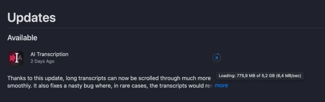 Screenshot showing app update: Loading 775,9 MB of 5,2 GB for a simple transcription app.