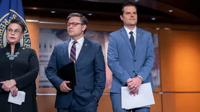 FILE—From left, Rep. Harriet Hageman, R-Wyo., Rep. Mike Johnson, R-La., and Rep. Matt Gaetz, R-Fla., stand at a news conference just before a House Judiciary subcommittee hearing on what Republicans say is the politicization of the FBI and Justice Department and attacks on American civil liberties, at the Capitol in Washington, Thursday, May 18, 2023. On Thursday, Nov. 21, 2024, former Florida congressman Matt Gaetz has withdrawn as President-elect Donald Trump’s pick for attorney general following scrutiny over a federal sex trafficking investigation. The Republican’s announcement came one day after meeting with senators in an effort to win their support for his confirmation to lead the Justice Department. (AP Photo/J. Scott Applewhite, File)