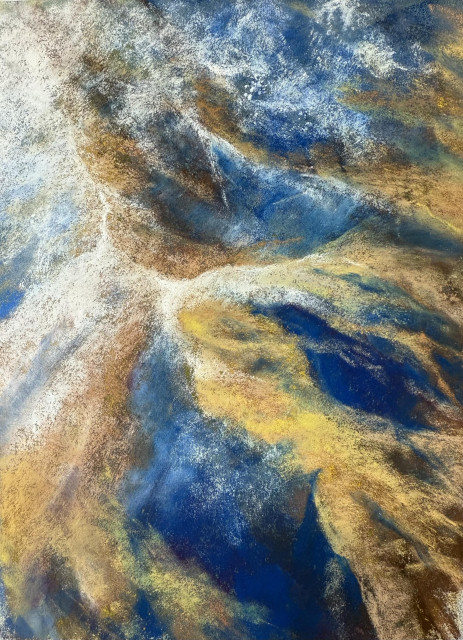 A small pastel painting in vertical format. It's a birds-eye-view of high desert mountain range, with some of their canyons and valleys dusted with snow. Somewhat abstracted. 