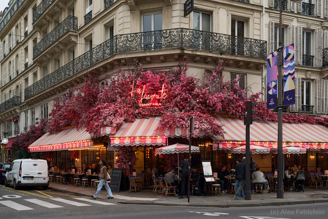 Pink plastic flowers decorating a corner restaurant in Paris 