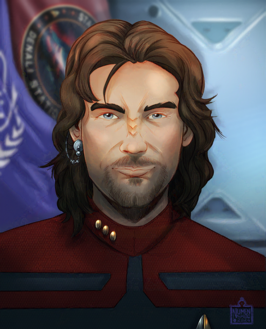 a portrait of a bajoran commander man with long hair, there are some flags in the background