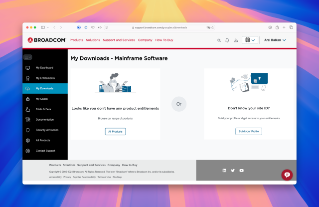 screenshot of the Broadcom web site showing My Downloads - Mainframe Software and that I don’t have any “product entitlements”