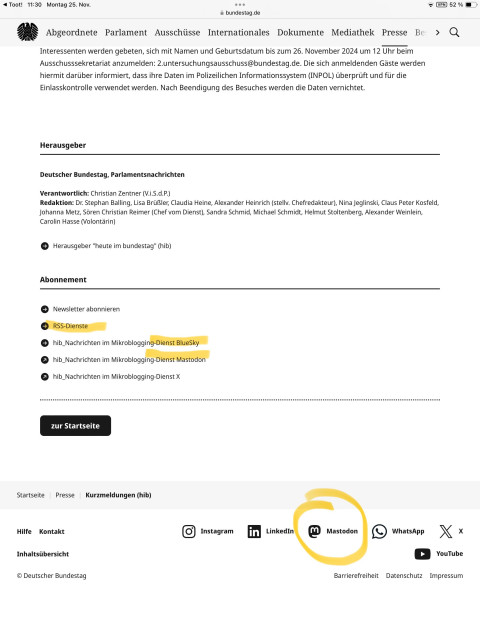 Screenshot von https://www.bundestag.de/presse/hib/kurzmeldungen-1030784 mit farblicher Hervorhebung von Mastodon, Bluesky und RSS-Links.
