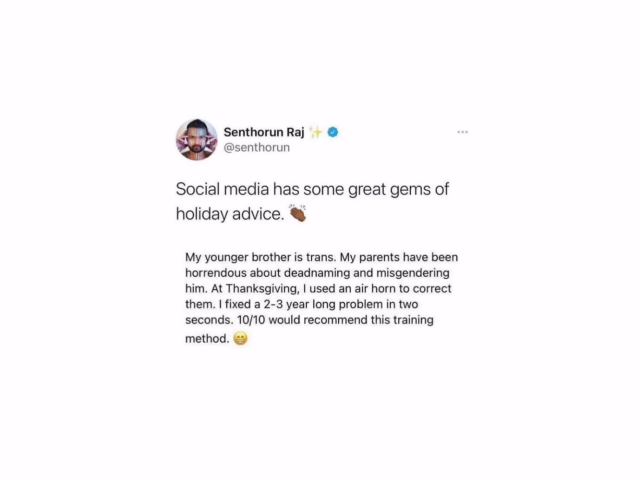 A screenshot of a Twitter post from someone named Senthorun Raj, which itself contains a screenshot of what appears to be another social media post.

Senthorun Raj says:

"Social media has some great gems of holiday advice 👏🏾"

The text of the original screenshotted post:

My younger brother is trans. My parents have been horrendous about deadnaming and misgendering him. At Thanksgiving, I used an airhorn to correct them. I fixed a 2-3 year long problem in two seconds. 10/10 would recommend this training method. 😁"
