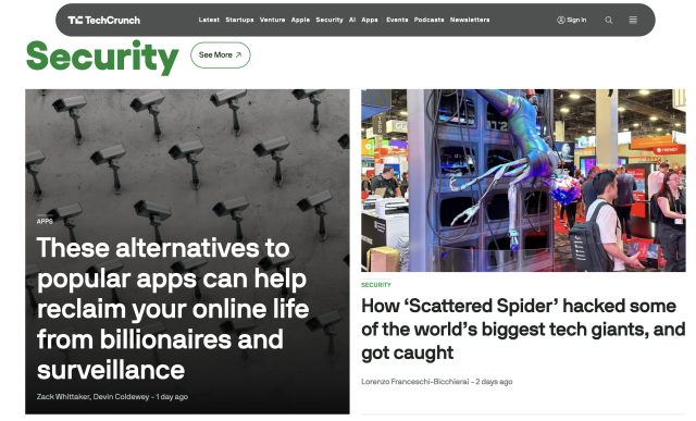 Screenshot of Techcrunch website with an article titled "
These alternatives to popular apps can help reclaim your online life from billionaires and surveillance"