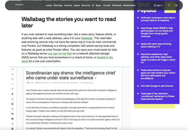 Screnshot of article "These alternatives to popular apps can help reclaim your online life from billionaires and surveillance" with a wallabag review.
