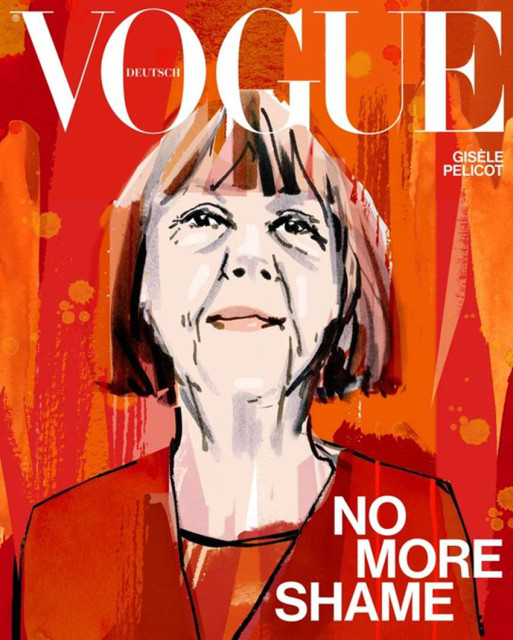 Une du magazine Vogue Allemagne dédiée à Gisèle Pélicot, avec la mention, en Anglais : "NO MORE SHAME". L'illustration est un portrait de Gisèle Pélicot vue en buste, de face, dans les tons de rouge orangé, avec un trait noir et un style global façon "croquis", au trait spontané et lâché.