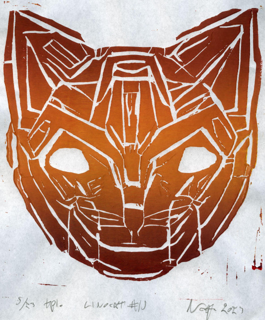 linocut print, orange ink on white paper, robot cat face looking like a transformers-logo