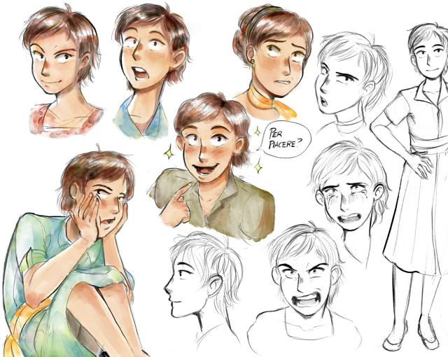 Expression sheet of the same young girl, half-filled out with colors. Watercolor style.