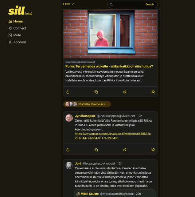 Screenshot about Sill, which shows accounts that share an article and its comments