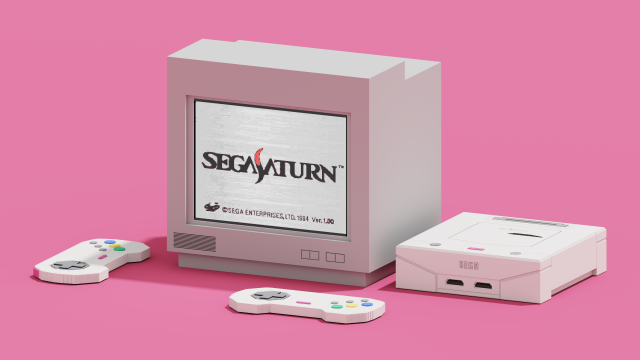 3D rendition of a Sega Saturn game console, two controllers and CRT television. The splash screen is visible on the screen.