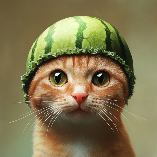 A close-up of a ginger cat with striking green eyes. The cat is wearing a humorous “helmet” made out of a hollowed-out watermelon rind. The vibrant green of the watermelon contrasts with the cat’s orange fur, creating a playful and whimsical scene. The expression on the cat’s face is neutral, as if it is unamused or resigned to wearing the unusual headgear. This kind of image is often used in lighthearted memes or as a fun depiction of pets in quirky situations.