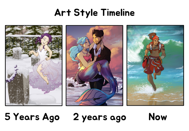 "Art Style Timeline" art meme
5 years ago: a ghost lady floating above her grave with a displeased expression
2 years ago: A man carrying a mermaid out of the sea
Now: Lucio from Overwatch 2 as a lifeguard running out of the sea