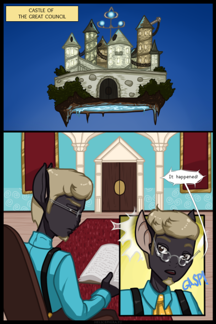 The first comic page. The first panel is an establishing shot of a floating castle labeled as "Castle of the Great Council"
Panels two and three depict a weirdly looking bat person reading a book. He hears something, gasps and says "It happened!"