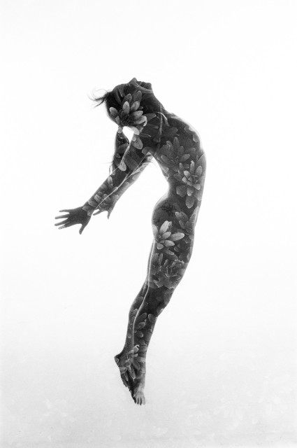 A nude woman is floating in the air, sideways to camera. Her body is blended with small flowery leaf textures from the double exposure. Black and white. 