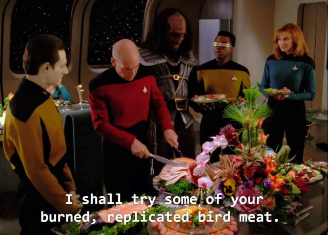 Star Trek The Next Generation scene. The Enterprise D gang is in Ten Forward standing around a beautifully decorated banquet table adorned with exotic flowers and lots of food. Seems like a fancy party is happening, I'm guessing some light chitter chatter is in the background, dishes and flatware tinkling and clanking, maybe some nice soft harpy music, but this is a picture so it's tough to say. Ok, back to the story, so Captain Picard is carving a large round turkey. Bev Crusher, Geordi, Data, and a very very tall Klingon, all in uniform, stand and observe. Closed caption reads, "I shall try some of your burned, replicated bird meat."