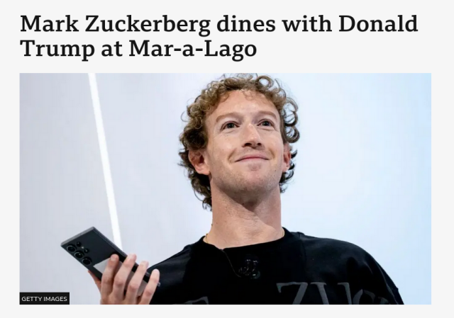 Screenshot of the headline "Mark Zuckerberg dines with Donald Trump at Mar-a-Lago" and a photo of Zuckerberg looking very smug and satisfied with himself.