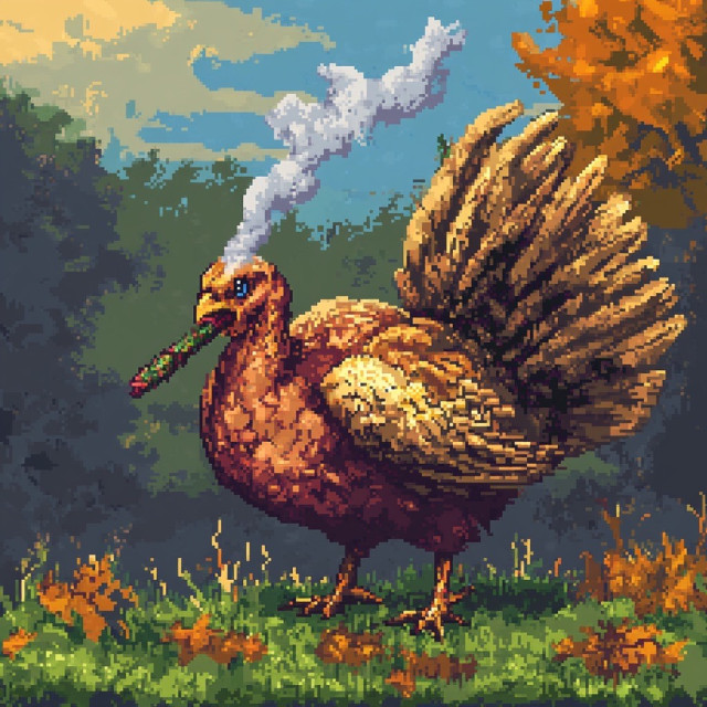 A pixel art depiction of a turkey with a whimsical twist. The turkey is illustrated in vibrant autumnal tones, with its feathers displayed prominently. Adding to the humor and surrealism, the turkey appears to be smoking a joint, with smoke billowing upward. The background features a picturesque, colorful setting of trees and grass, evoking the feel of a calm autumn day.

The overall artistic style combines traditional pixel art techniques with a playful, unexpected subject matter, blending the natural beauty of the turkey with a comical and imaginative element.