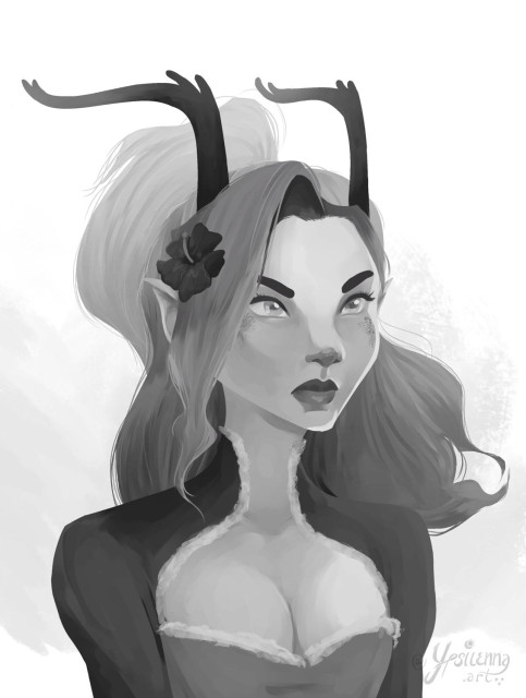 Grayscale portrait of a lady with antlers. 