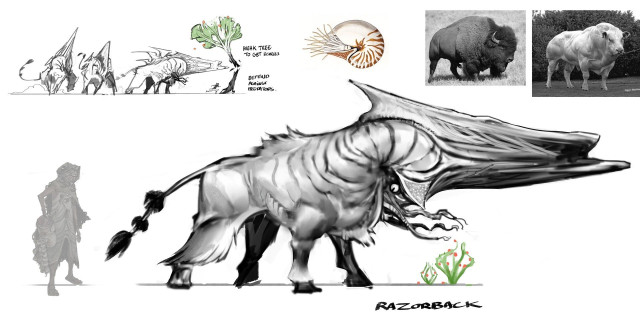 line art and value sketch of a bull from an alien planet, with the face of a nautilus an giant oversized horn it uses to shake trees for fruits.