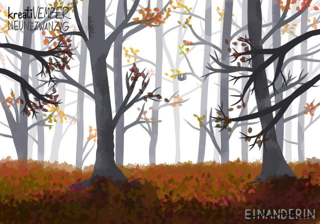 Digitale Zeichnung: ein Herbstwald mit verschiedenen, grauen Laubbäumen, an denen noch ein paar wenige herbstlich gefärbte Blätter sind. Der Boden ist mit Herbstlaub bedeckt. Weiter hinten ist eine kleine Silhouette eines an einem Ast hängenden Faultiers.

Digital drawing: an autumn forest with various gray deciduous trees, with a few autumn-colored leaves still on them. The ground is covered with autumn leaves. Further back is a small silhouette of a sloth hanging from a branch.